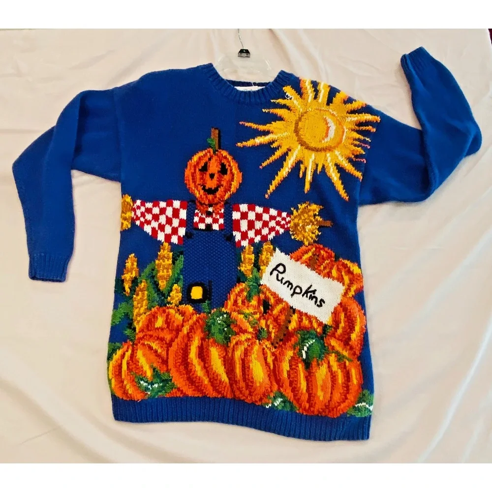 Vintage Marisa Christina Sweater Small Overalls Pumpkins Hand Knit Scarecrow Sun - Picture 1 of 8